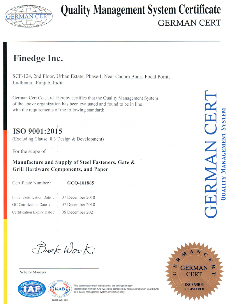 Finedge Inc Quality Certificates for Wrought Iron Products Ornamental Iron Hardware gate grill components